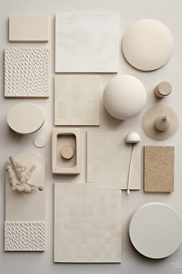 韓式奶油風材質提案：集結米白、杏色等高明度暖色調物件，透過圓潤線條家具與編織紋、水磨石等異材質拼貼，具體呈現兼具藝術感與生活溫度的軟裝配置靈感。