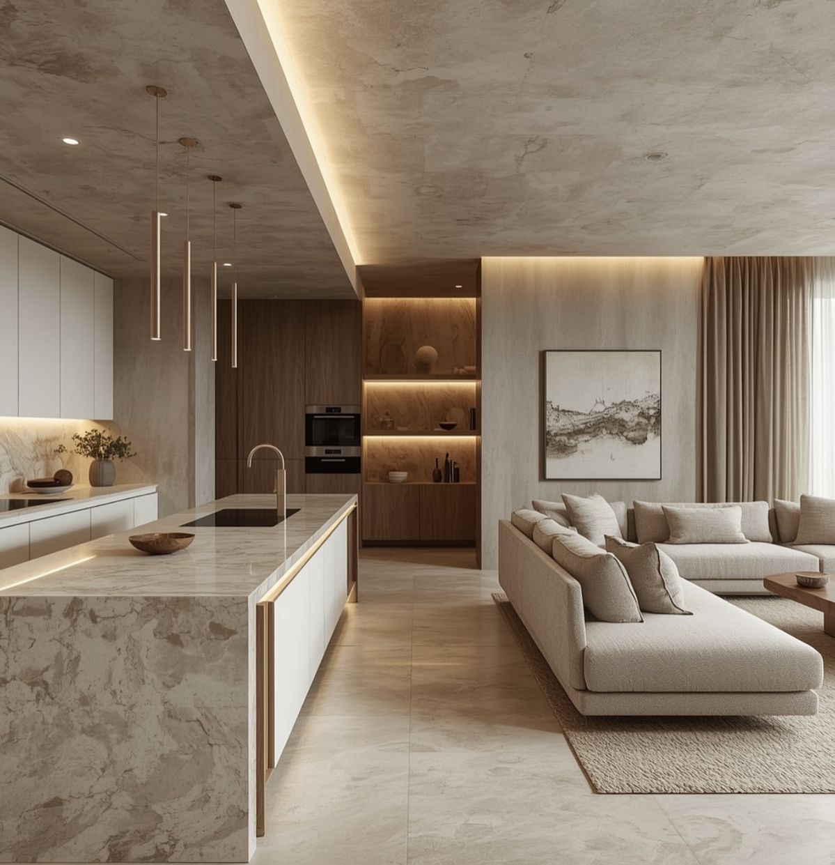 中島設計案例：大型大理石中島延伸至開放式客廳，運用暖色調間接照明與大地色系配置，打造寬敞大器且充滿生活溫度的全開放式公領域設計。