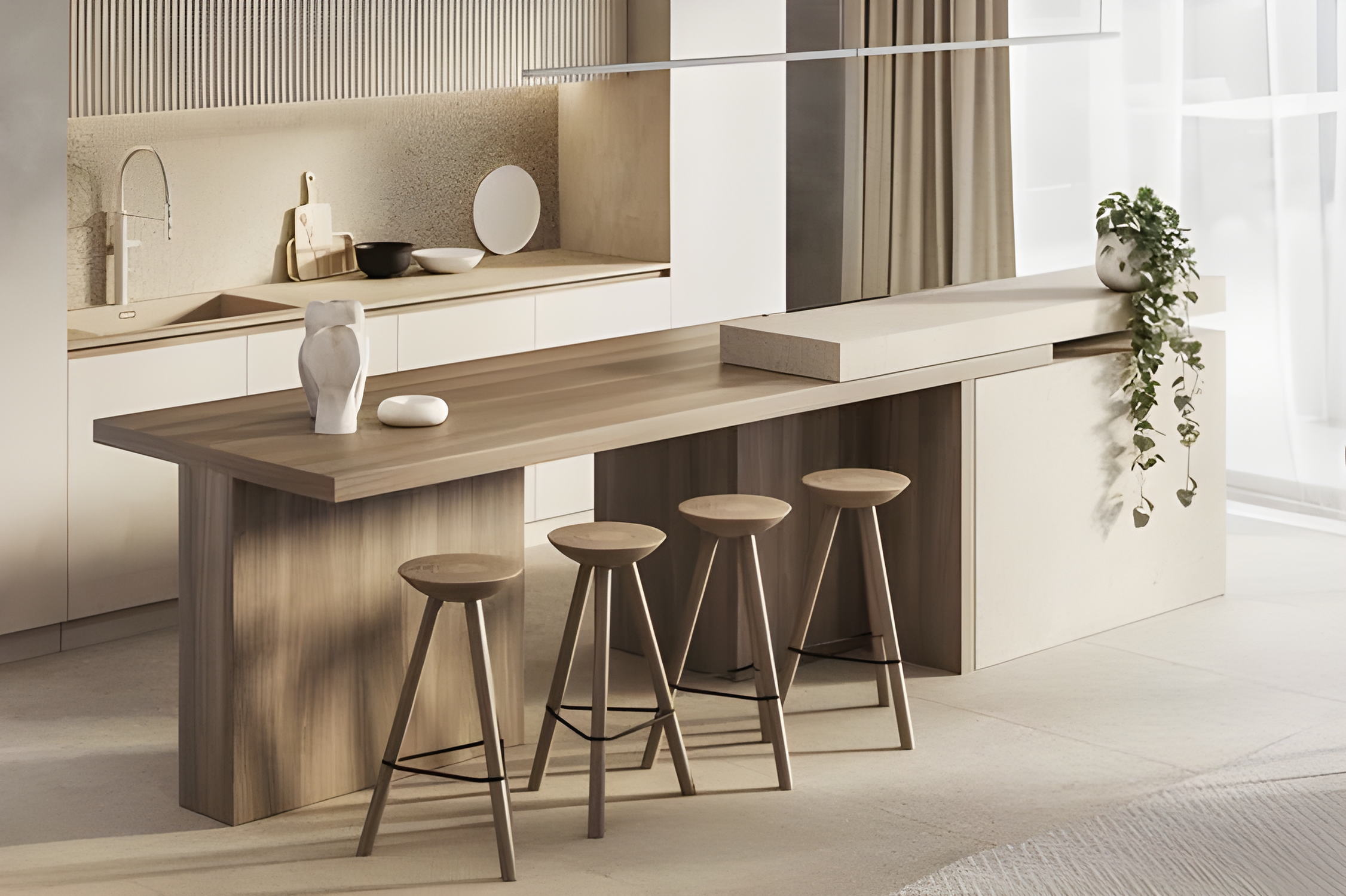 一字型中島設計案例：大面積溫潤木質長桌結合淺色石質基底，搭配同系列木製吧台凳與簡潔線條背景，呈現自然感十足且具藝術氣息的開放式餐廚空間。