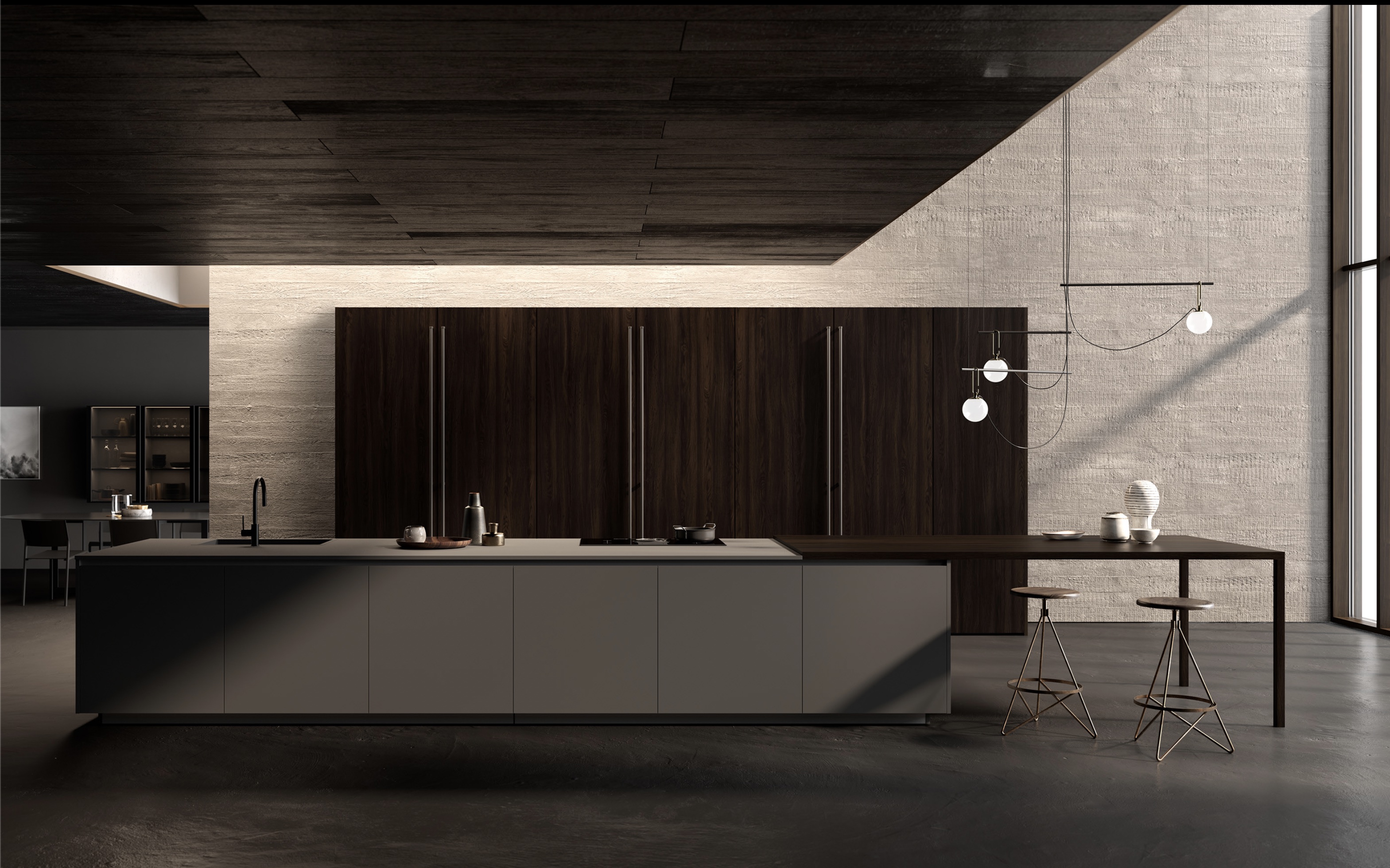 一字型中島設計案例：沉穩的深色木質壁板搭配超長型霧面灰中島，整合延伸式餐桌與建築感球形吊燈，在水泥質感空間中勾勒出極具大器感的工業奢華餐廚氛圍。