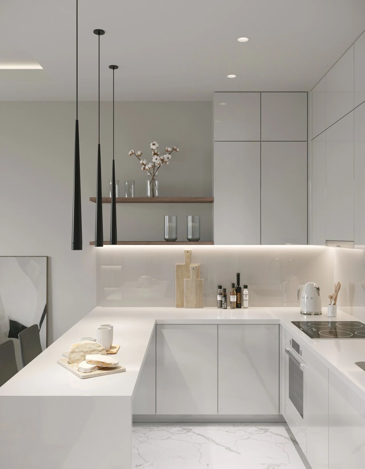 人造石中島設計案例：純白人造石 U 型廚具整合半島式吧台，搭配俐落黑色長型錐狀吊燈與大理石紋地磚，在隱藏式燈帶的映射下，打造極具潔淨感與視覺延伸性的現代輕奢廚房。