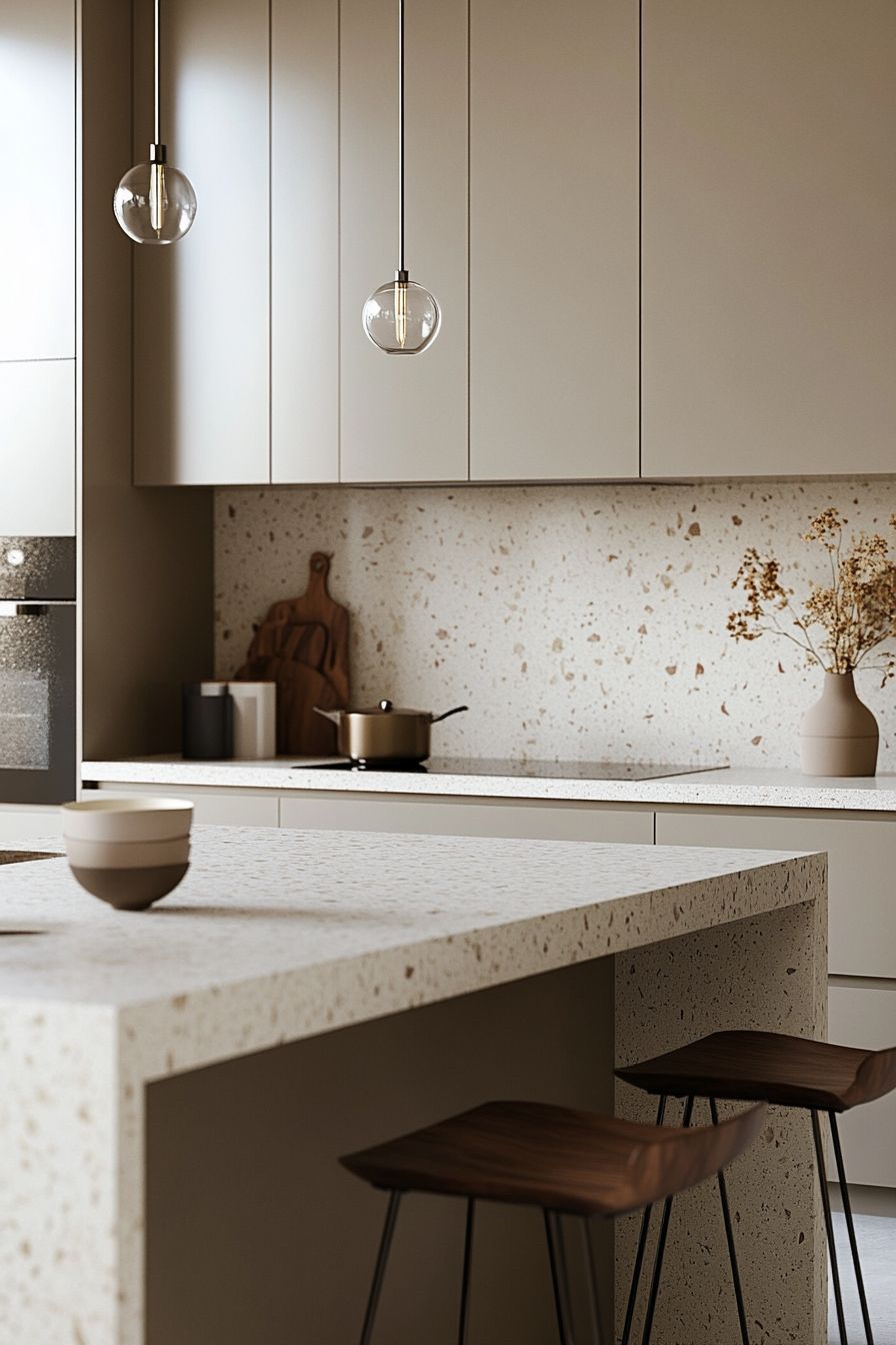 水磨石中島設計案例：整體感十足的奶油色水磨石中島，搭配同款材質防濺板與大地色系簡潔櫥櫃，透過細緻的球形玻璃吊燈與深木色吧台椅，營造出明亮、自然且富有細節美感的當代廚房空間。